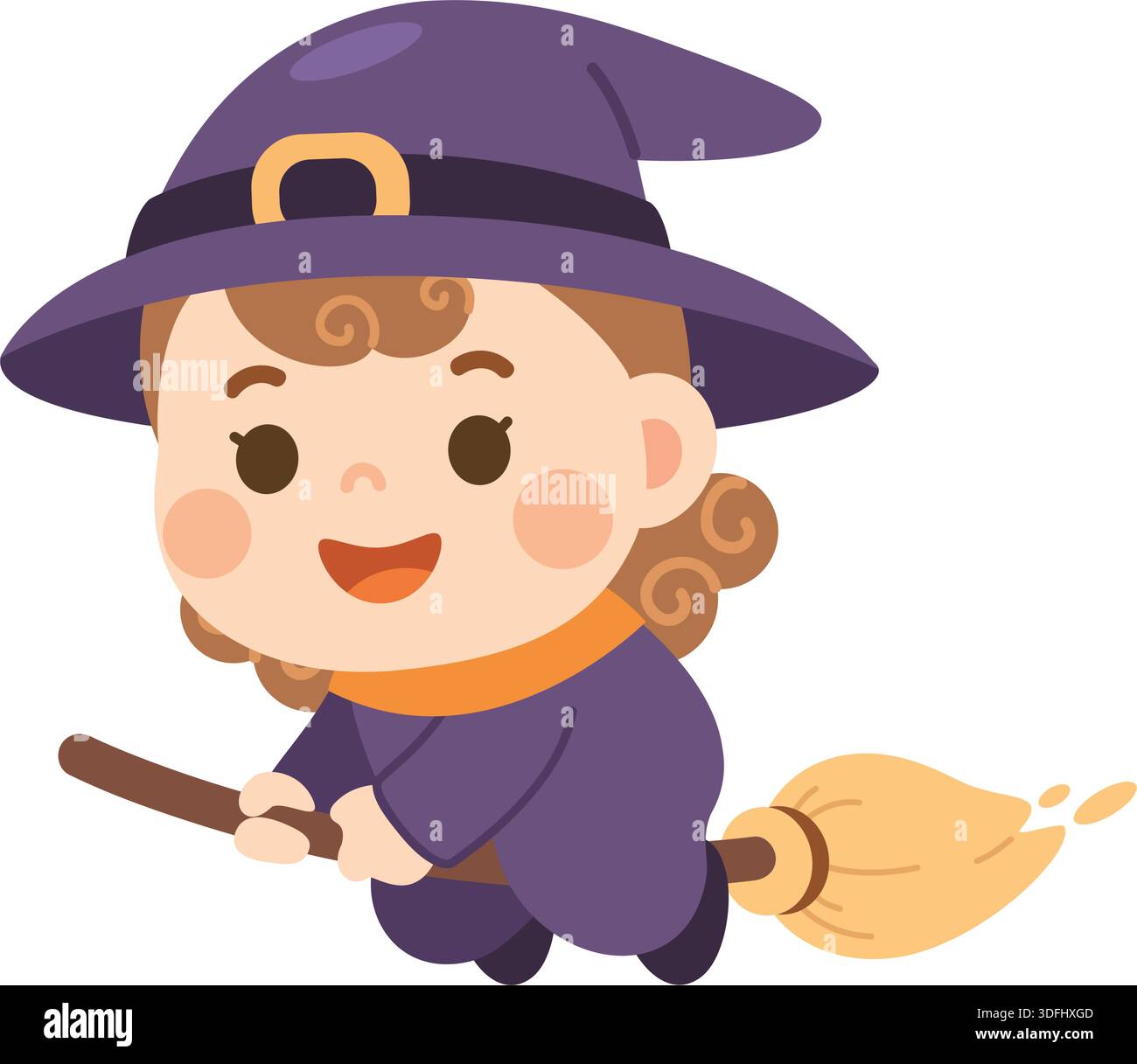 Adorabile strega che vola sul bastoncino da scopa – Halloween Cartoon Vector Illustrazione Vettoriale