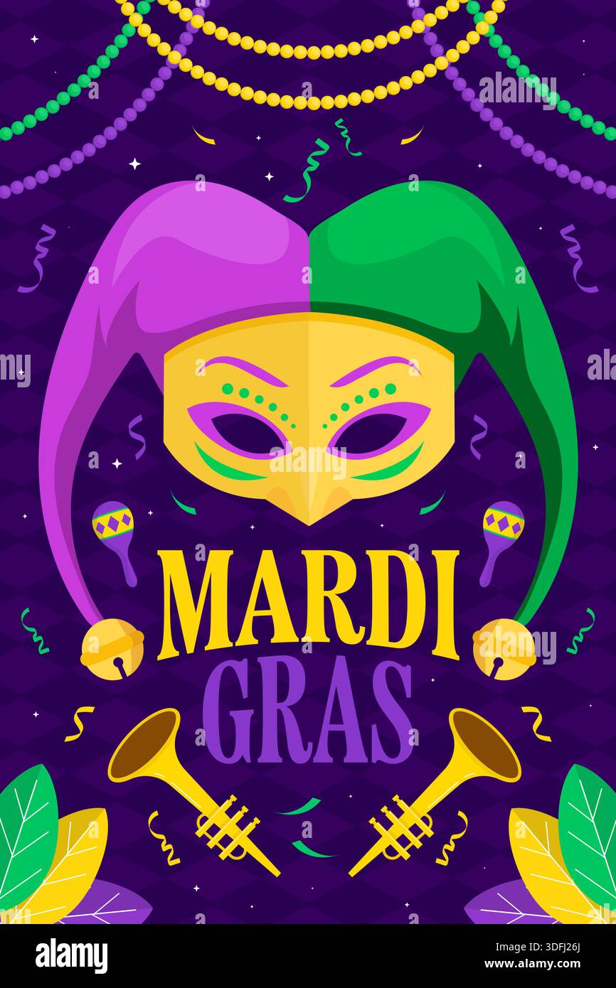 illustrazione del manifesto del carnevale del mardi gras in design piatto Illustrazione Vettoriale