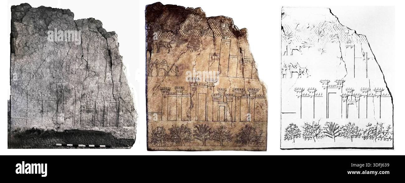 8185. Una lastra di pietra del palazzo di re Sennacherib a Ninive raffigurante le mura della città di Lachish conquistata dagli Assiri nel 701 a.C. Un po' d'arco Foto Stock