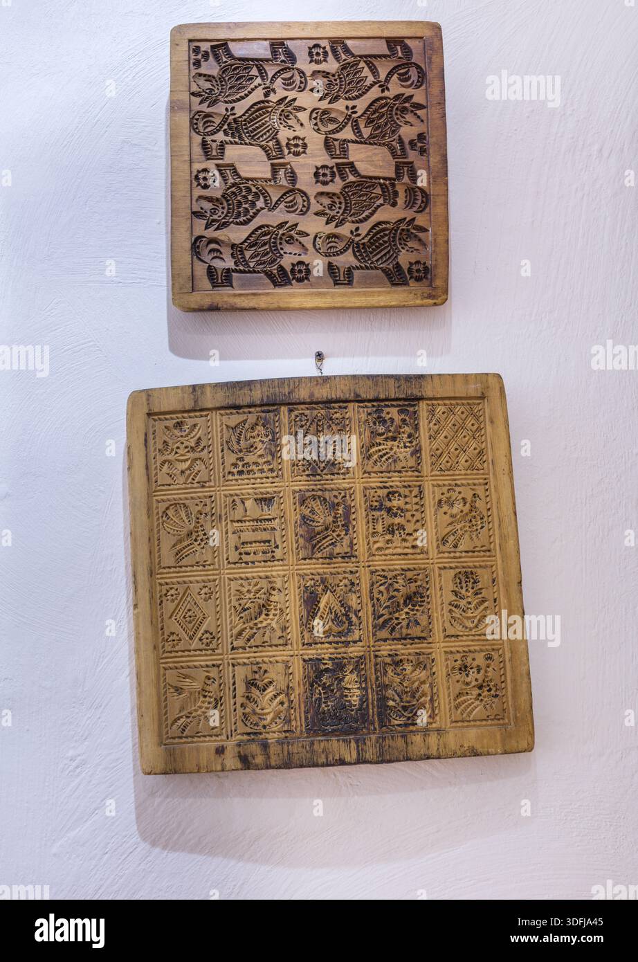 Stampa di blocchi di legno su tessuti, casa Ershov, Museo dei mercanti russi, Gorokhovets, regione di Vladimir, Russia Foto Stock