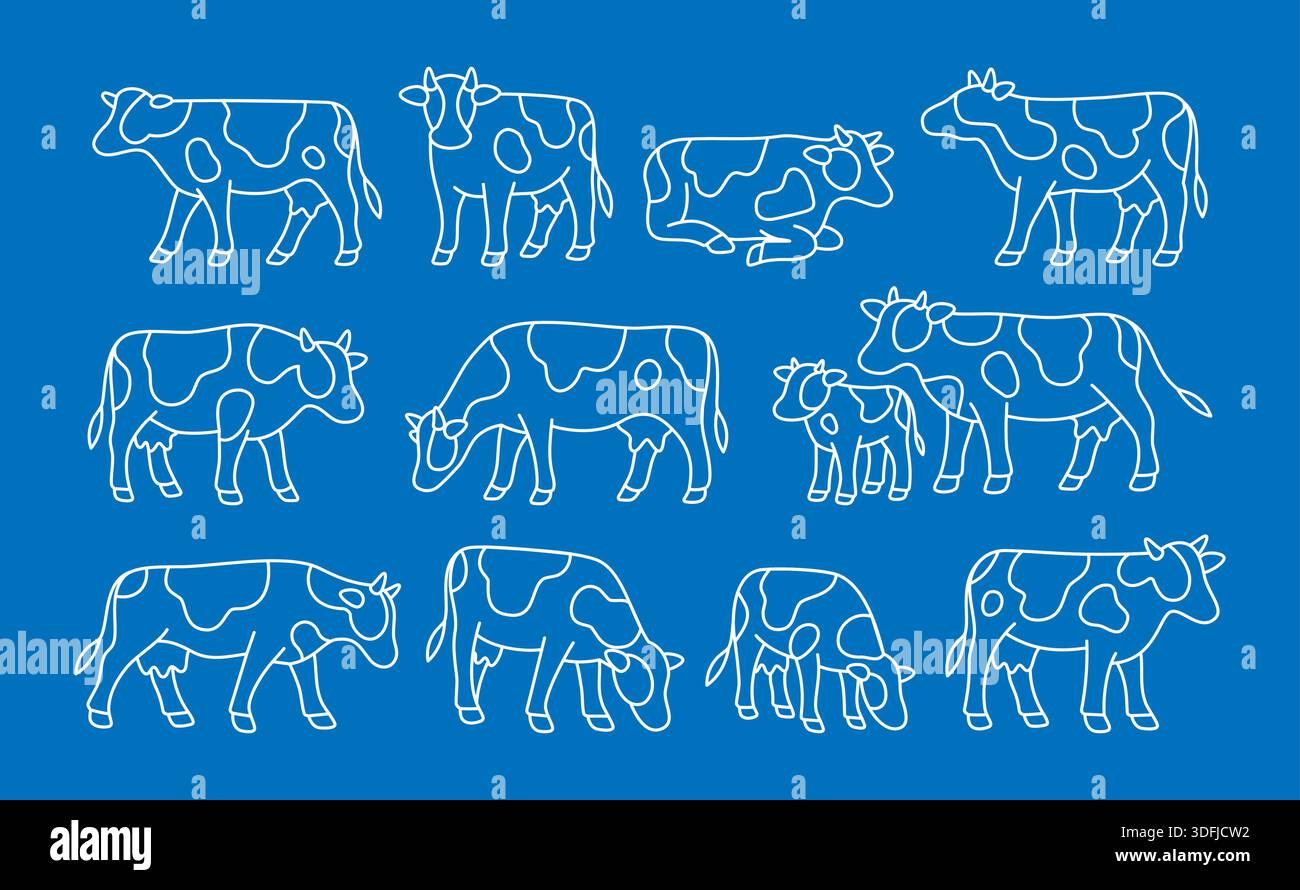 Icona mucca con contorno bianco impostata su sfondo blu. Collezione lineare minimalista di animali da fattoria in moderno stile vettoriale Illustrazione Vettoriale