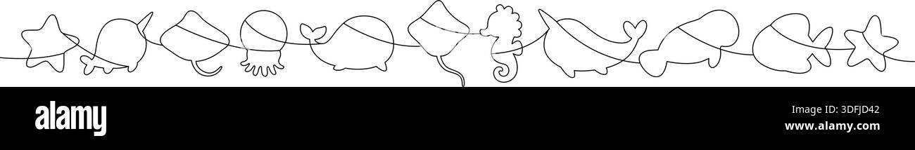Sagome carine di animali marini. Contorno nero minimalista per progetti creativi e decorativi a tema oceano Illustrazione Vettoriale