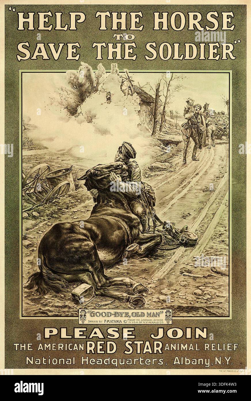 Questo manifesto propagandistico della prima guerra mondiale del 1918, probabilmente di F. Matania basato sulla firma "F.Matania", sollecita il sostegno al benessere degli animali durante la guerra. Ritrae vividamente una scena cupa in cui un soldato saluta un cavallo morente in mezzo a un paesaggio devastato dalla guerra, sottolineando il ruolo cruciale del cavallo nel conflitto. Il poster pubblicizza l'American Red Star Animal Relief, facendo appello all'empatia per gli animali da guerra. Foto Stock