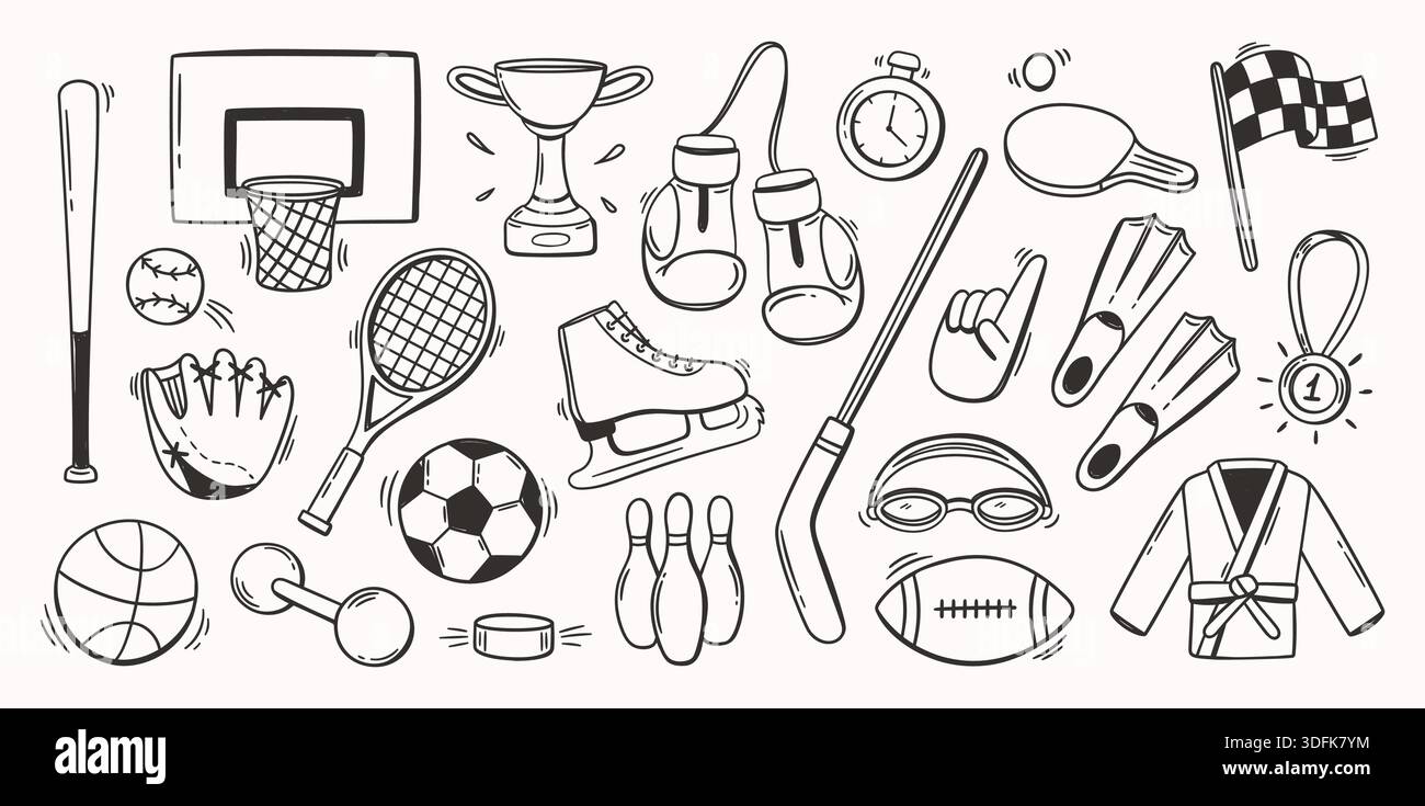 Attrezzature sportive. Palline da linea e baseball, calcio e pallacanestro, attrezzatura da tennis e pugilato per competizioni, fitness e vincitore, adesivo della squadra Illustrazione Vettoriale