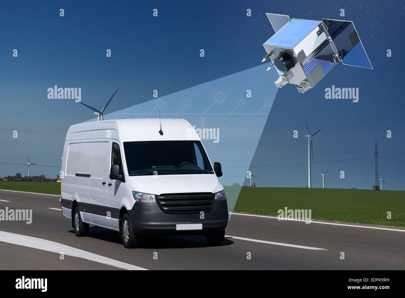 Concetto di tracciamento della flotta satellitare. Monitoraggio in tempo reale dei veicoli Foto Stock