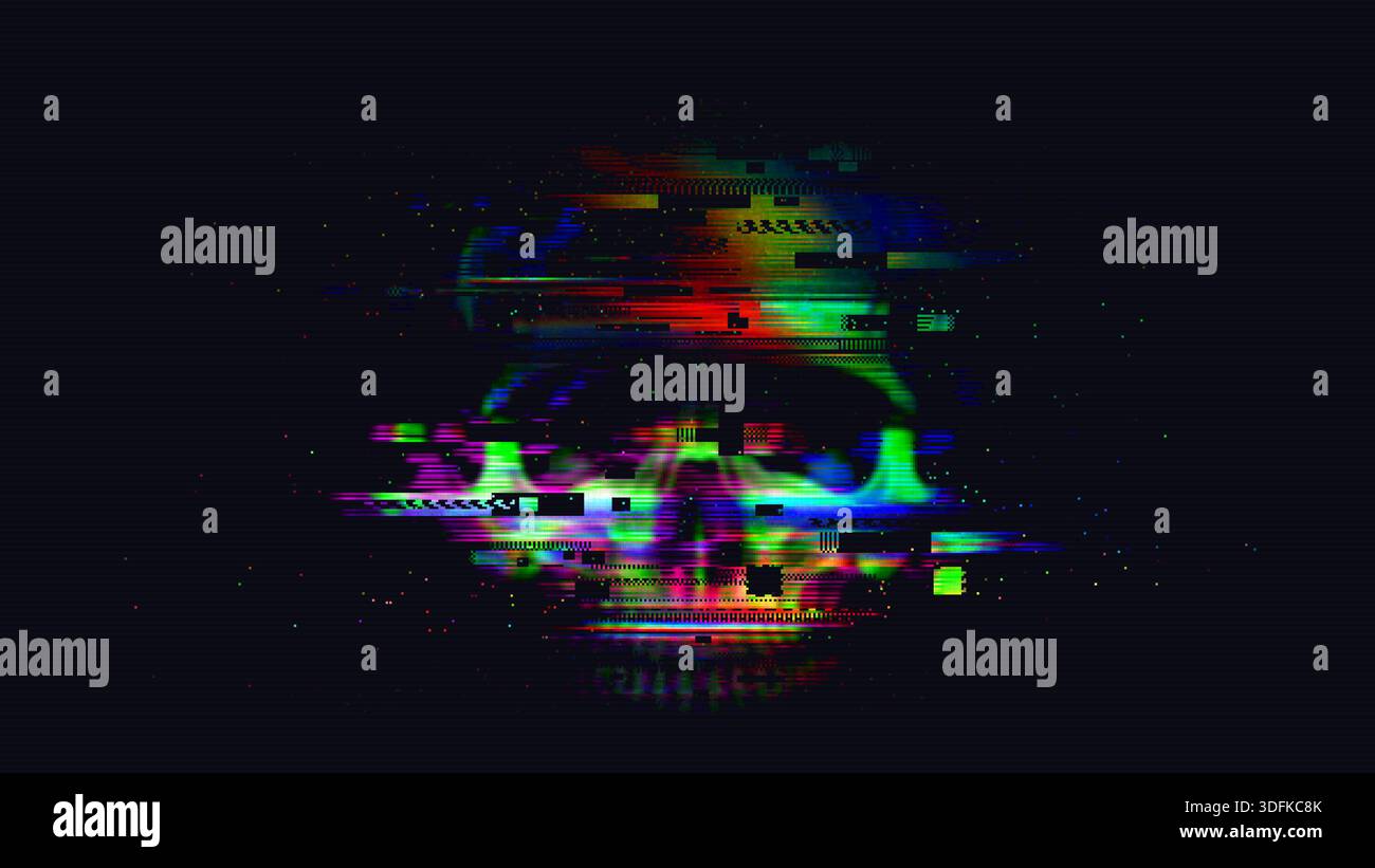 Glitch Skull con distorsione digitale RGB su sfondo scuro Illustrazione Vettoriale