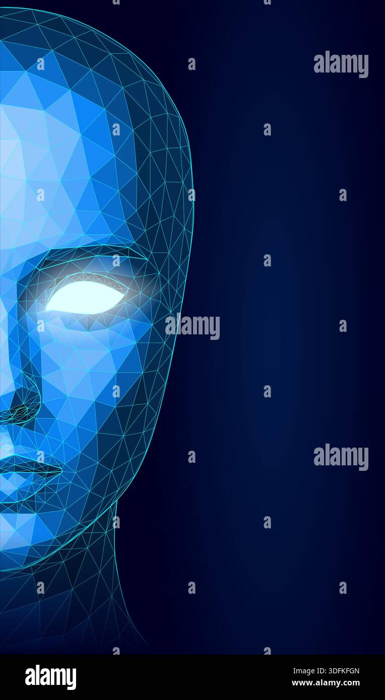 Futuristico volto poligonale con occhi luminosi e mesh digitale su sfondo scuro Illustrazione Vettoriale