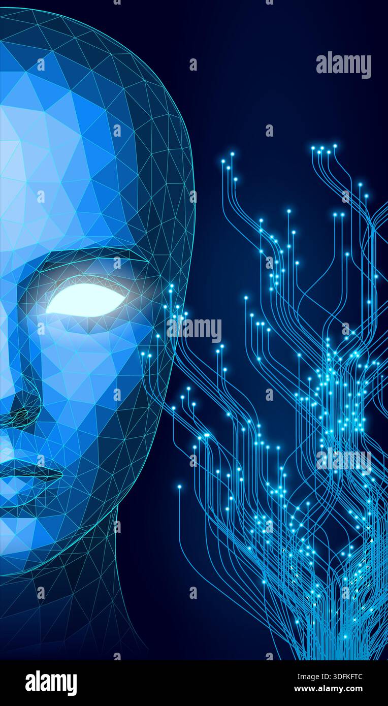 Viso astratto poligonale con occhi luminosi e linee Neural Circuit in futuristico stile wireframe blu Illustrazione Vettoriale