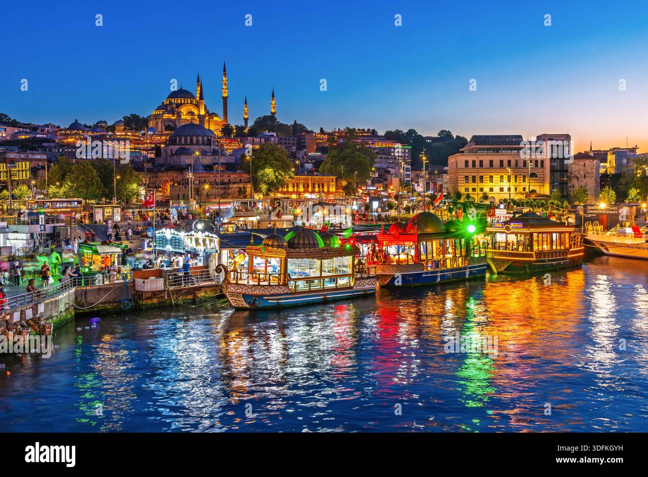 Istanbul, Turchia - 12 luglio 2025: Vista delle navi da crociera e della Moschea Suleymaniye sull'insenatura del Corno d'Oro. Foto Stock