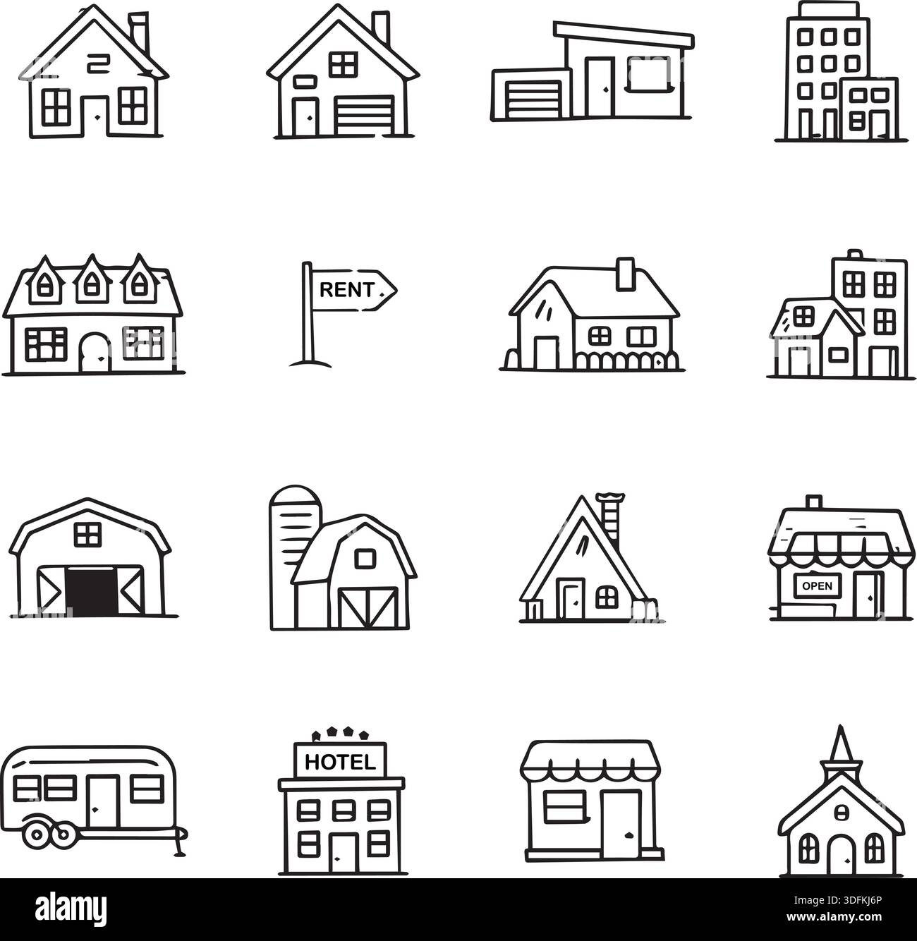 Icone delle linee di costruzione immobiliari e architettoniche impostate per la pianificazione urbana e gli elenchi di proprietà. Illustrazione Vettoriale