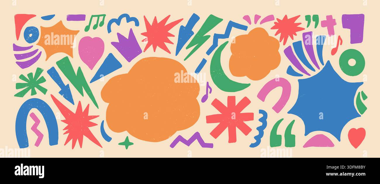 Nota musicale geometrica astratta, sfondo colorato e funky disegnato a mano. Set di scarabocchi geometrici pastello a forma libera. Bang nuvole, fulmini, frecce, lui Illustrazione Vettoriale