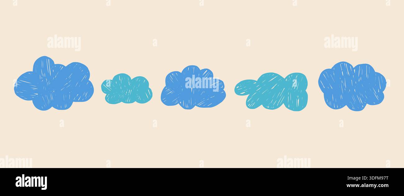 Nuvole di pastello disegnate a mano. Set di elementi Doodle Sky. Figure di nuvole di scarabocchi a forma libera per bambini. Didascalie promozionali blob irregolare. Caselle di testo in gesso pastello. VEC Illustrazione Vettoriale