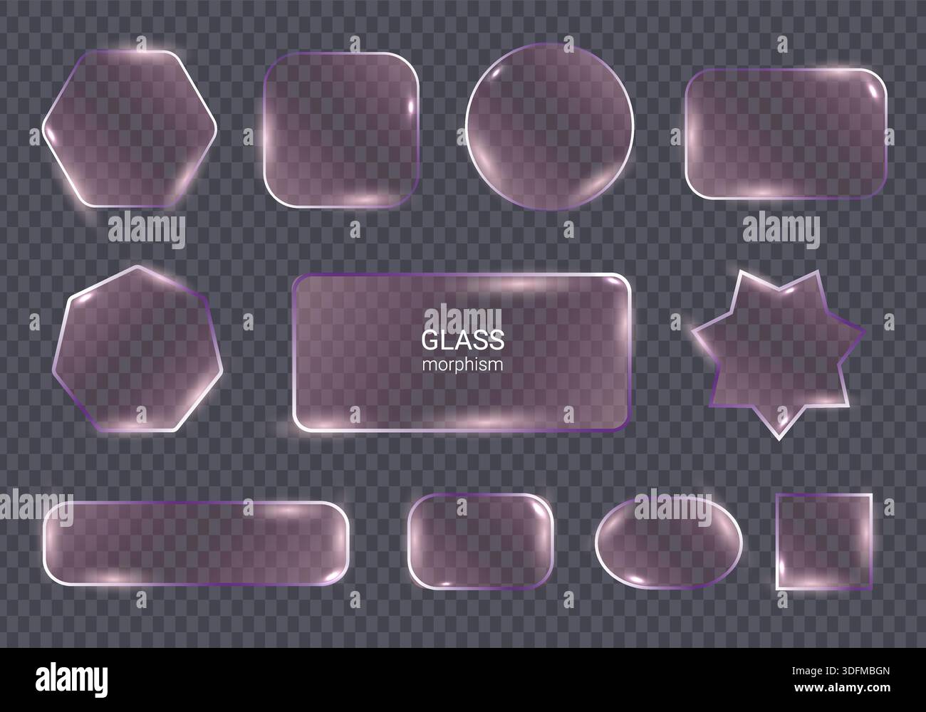 Set di elementi di interfaccia in vetro viola con effetto lucido trasparente isolato su sfondo scuro per un design dell'interfaccia utente moderno. Illustrazione Vettoriale