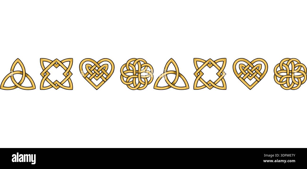 Banner vettoriale nodo celtico dorato con triquetras e forme di cuore Illustrazione Vettoriale