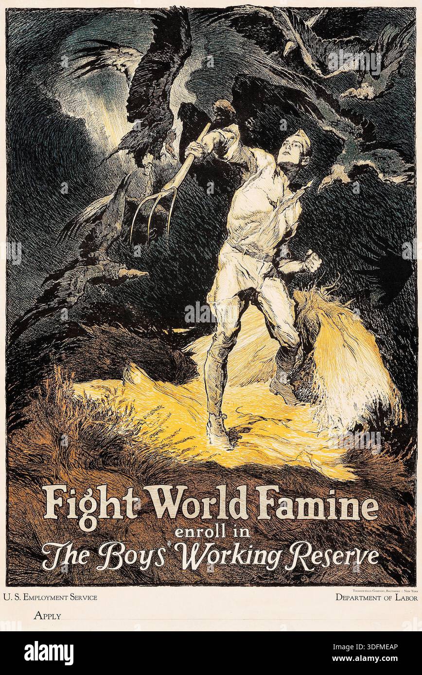 Questo poster della prima guerra mondiale del 1918, illustrato da Frank Brangwyn, raffigura un frenetico agricoltore che difende i suoi raccolti da figure minacciose e ombrose che rappresentano la carestia. Incoraggia l'iscrizione a "The Boys" Working Reserve" per affrontare le carenze alimentari globali durante la guerra. Foto Stock