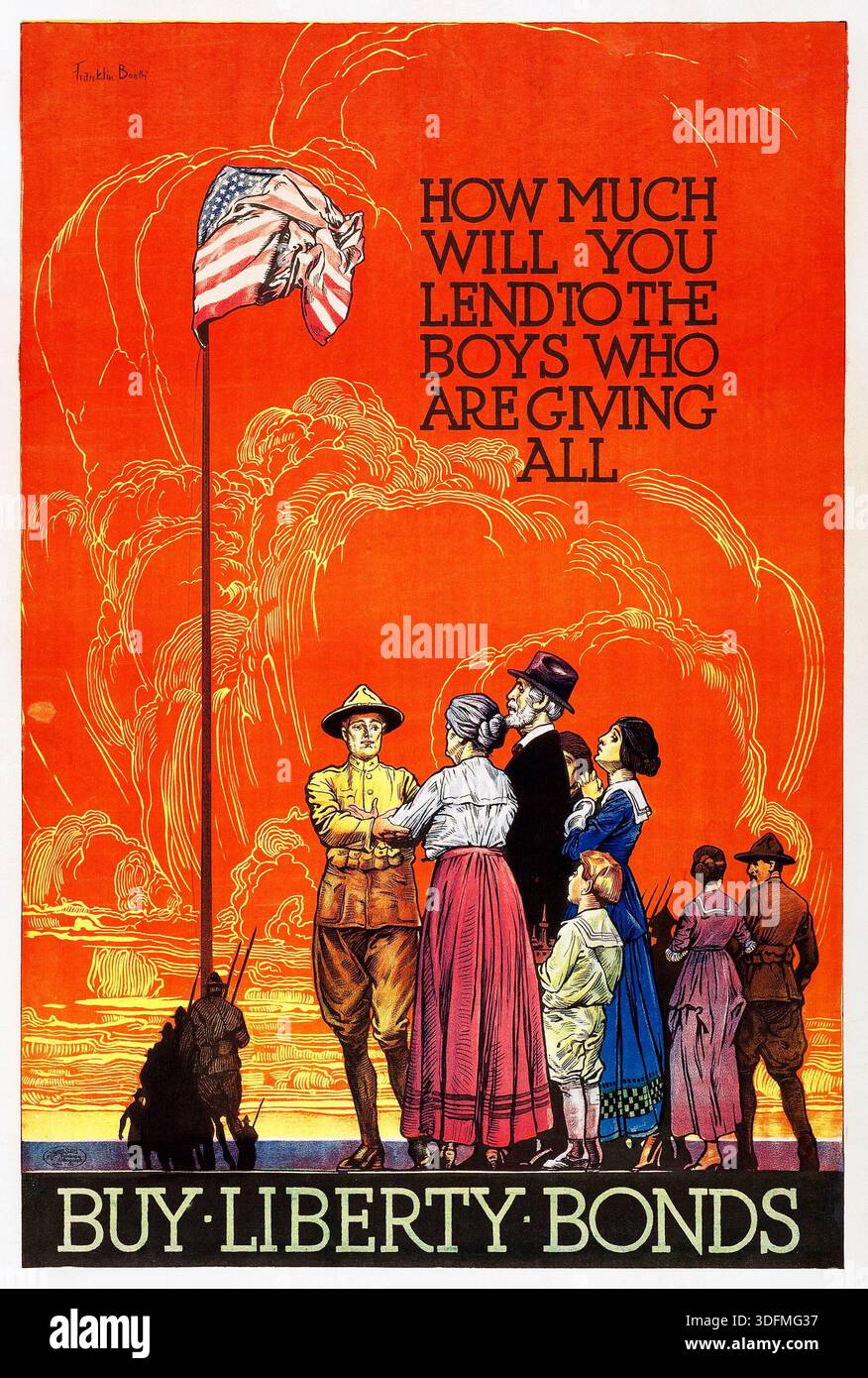 Questo poster della prima guerra mondiale del 1918, illustrato da Frank Brangwyn, incoraggia gli americani ad acquistare obbligazioni Liberty facendo appello al loro dovere patriottico. La potente immagine raffigura una famiglia che saluta un soldato, simboleggiando i sacrifici fatti dalle truppe. Il testo recita: "Quanto darai ai ragazzi che danno a tutti” con un forte invito all'azione: "COMPRA OBBLIGAZIONI LIBERTY”. Foto Stock