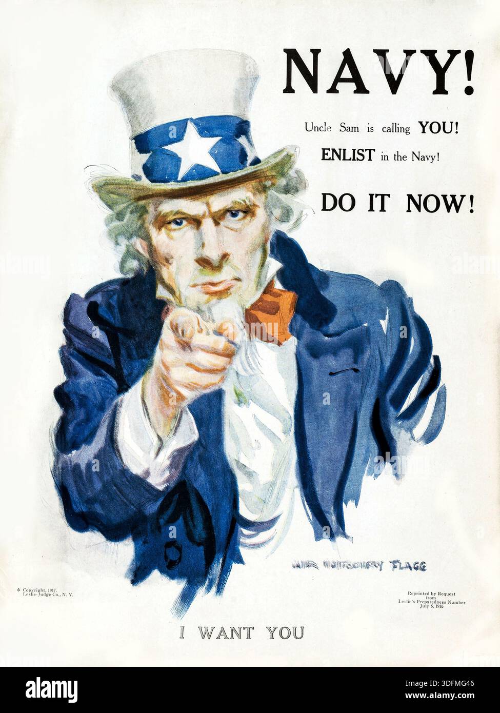Questa iconica illustrazione del 1918 di James Montgomery Flagg raffigura lo zio Sam che punta direttamente allo spettatore, sollecitando l'arruolamento nella Marina. Il famoso slogan "i Want YOU" è presente in fondo, rendendo questo uno dei manifesti di propaganda più riconoscibili della storia americana. Foto Stock