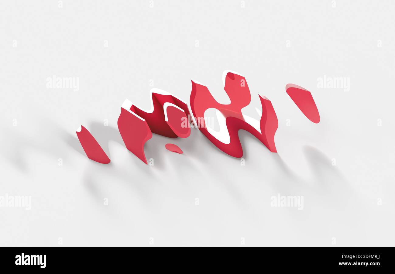 Una disposizione astratta di forme rosse lisce e lucide che appaiono frammentate e fluttuanti leggermente sopra una superficie bianca. Foto Stock