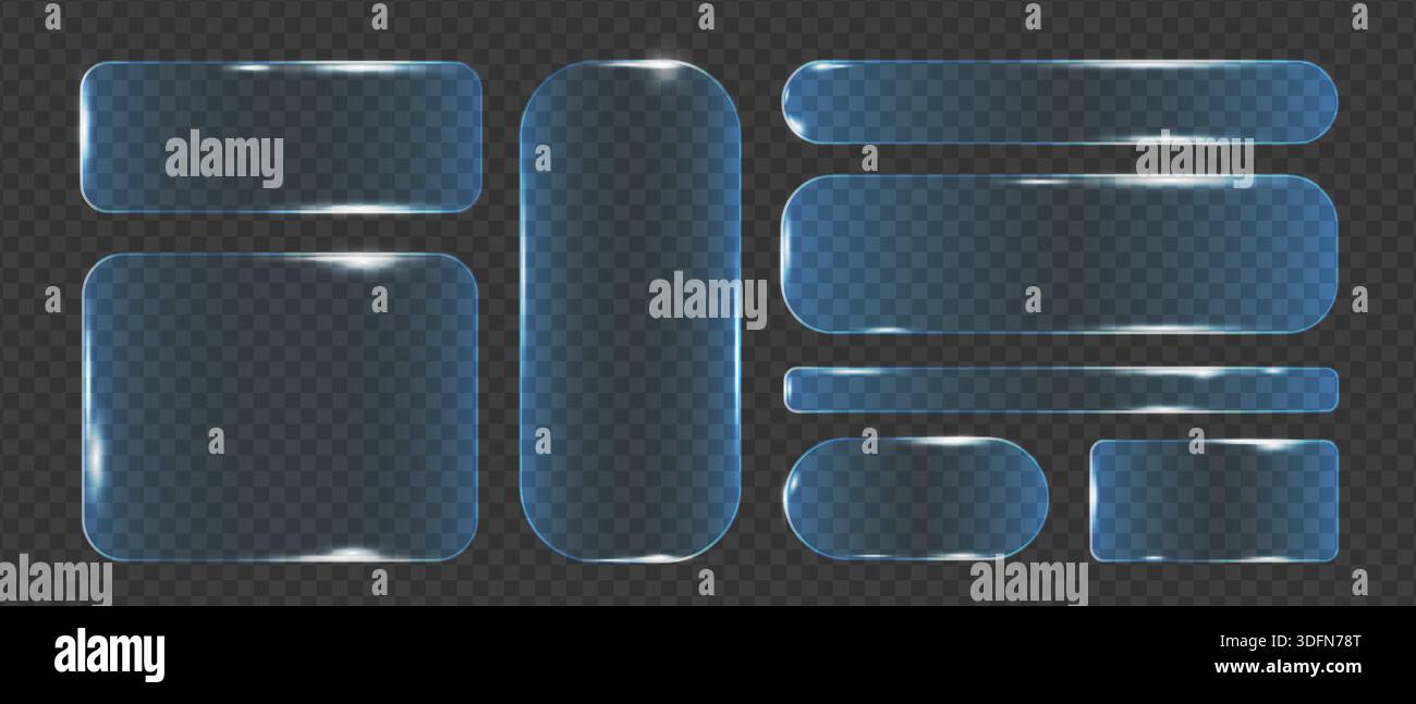 Collezione di cornici in vetro neon con elementi geometrici luminescenti, set di cornici ed elementi UI UX di design nello stile del vetro liquido. Rettangolare Illustrazione Vettoriale