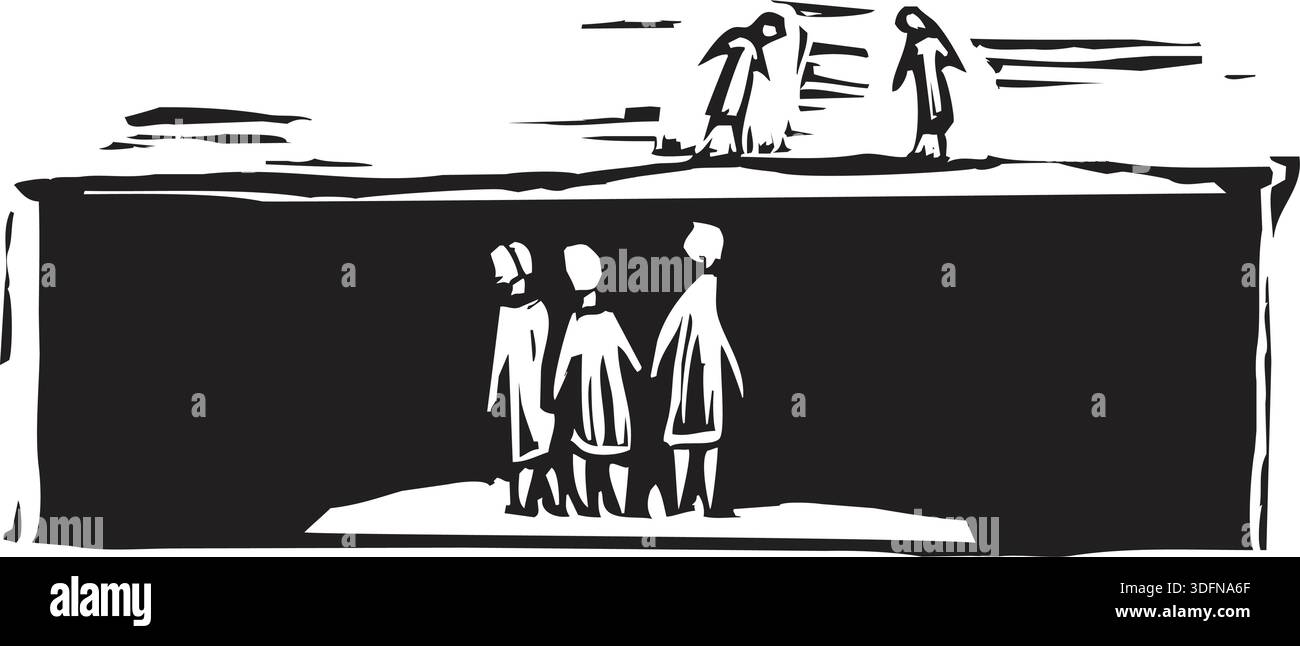 Due gruppi di persone a guardare a ogni altro da lati opposti di un golfo. Illustrazione Vettoriale