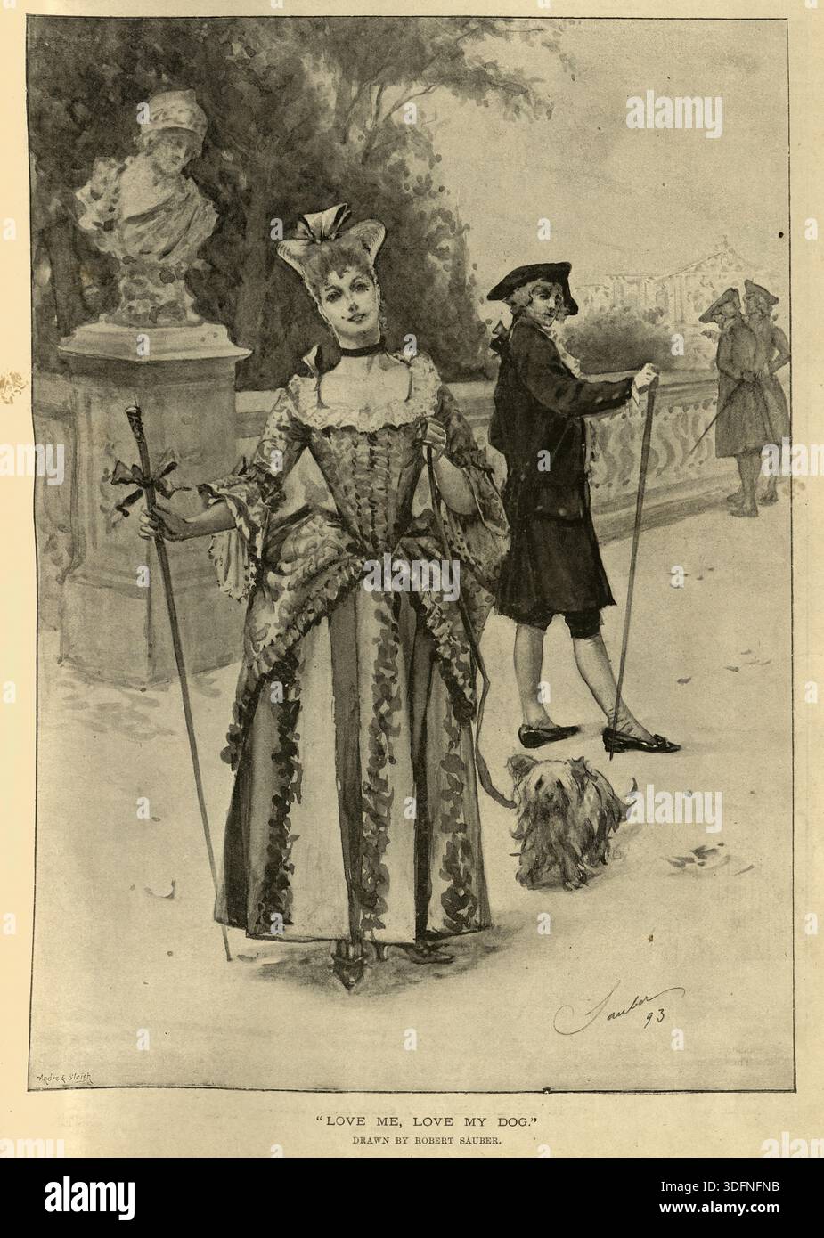 Beautufl donna in abito stile XVIII secolo che cammina il suo piccolo cane, illustrazione Vintage Love me Love My dog dopo Robert Sauber XIX secolo, anni '1890 Foto Stock