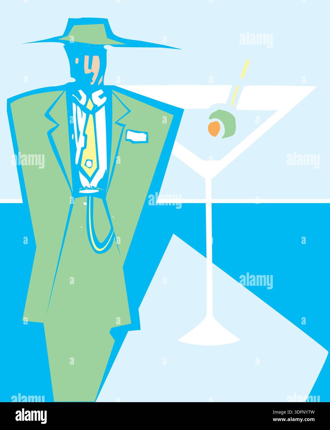 Xilografia stile immagine di un uomo in tuta zoot accanto a un martini Illustrazione Vettoriale