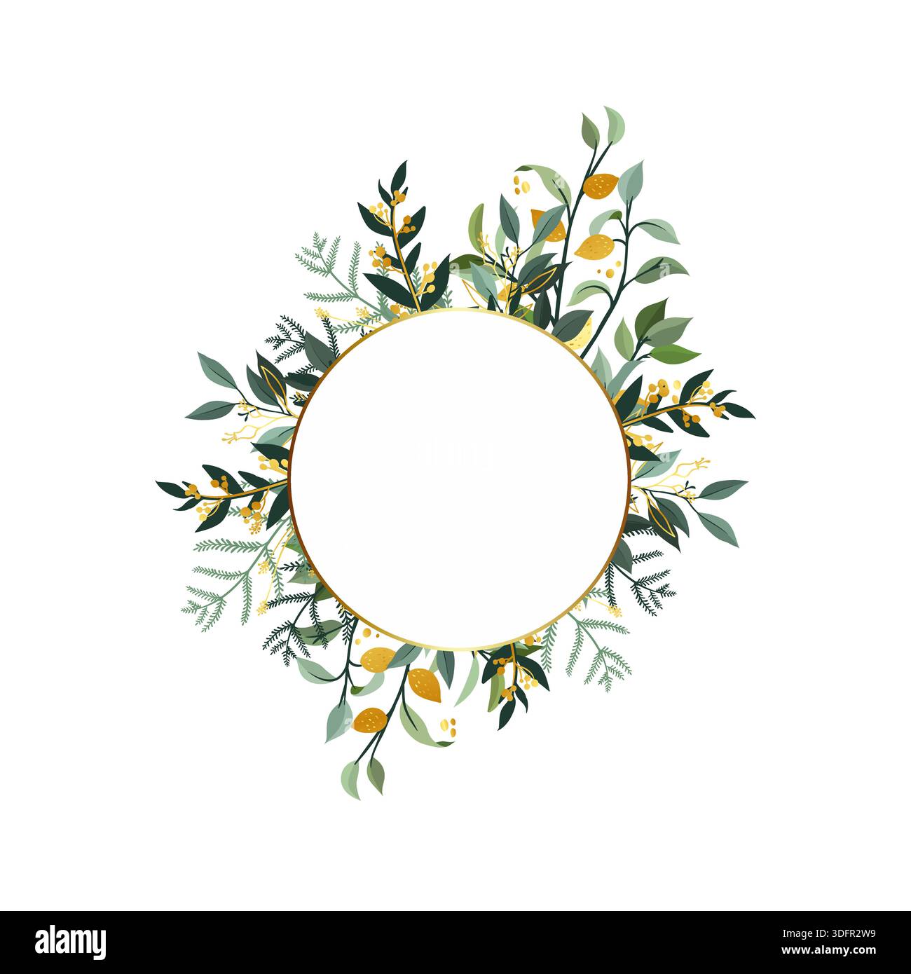 Corona floreale composta da piccoli fiori colorati e foglie su sfondo bianco Illustrazione Vettoriale