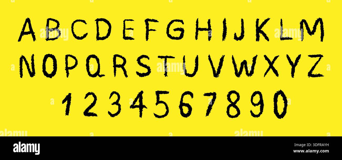 Alfabeto inglese. Calligrafia per bambini con texture pastello e gesso per un font giocoso o per lo studio scolastico e l'apprendimento dell'asilo con lettere divertenti Illustrazione Vettoriale