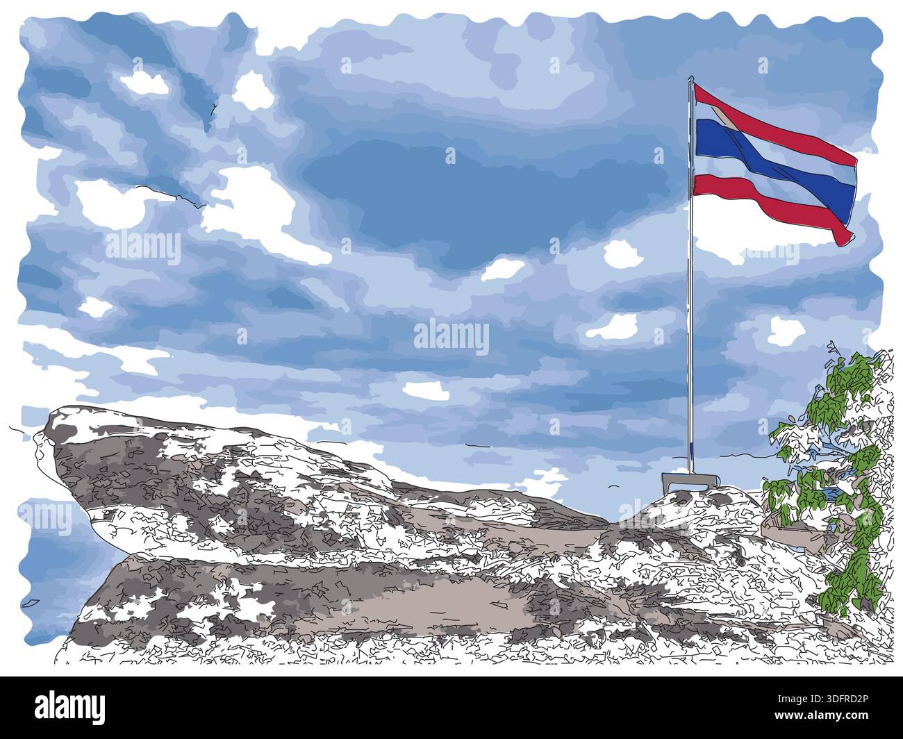 Pittura impressionista in stile schizzo, bandiera della Thailandia che sventola su un picco di montagna, immagine vettoriale di illustrazione digitale Illustrazione Vettoriale