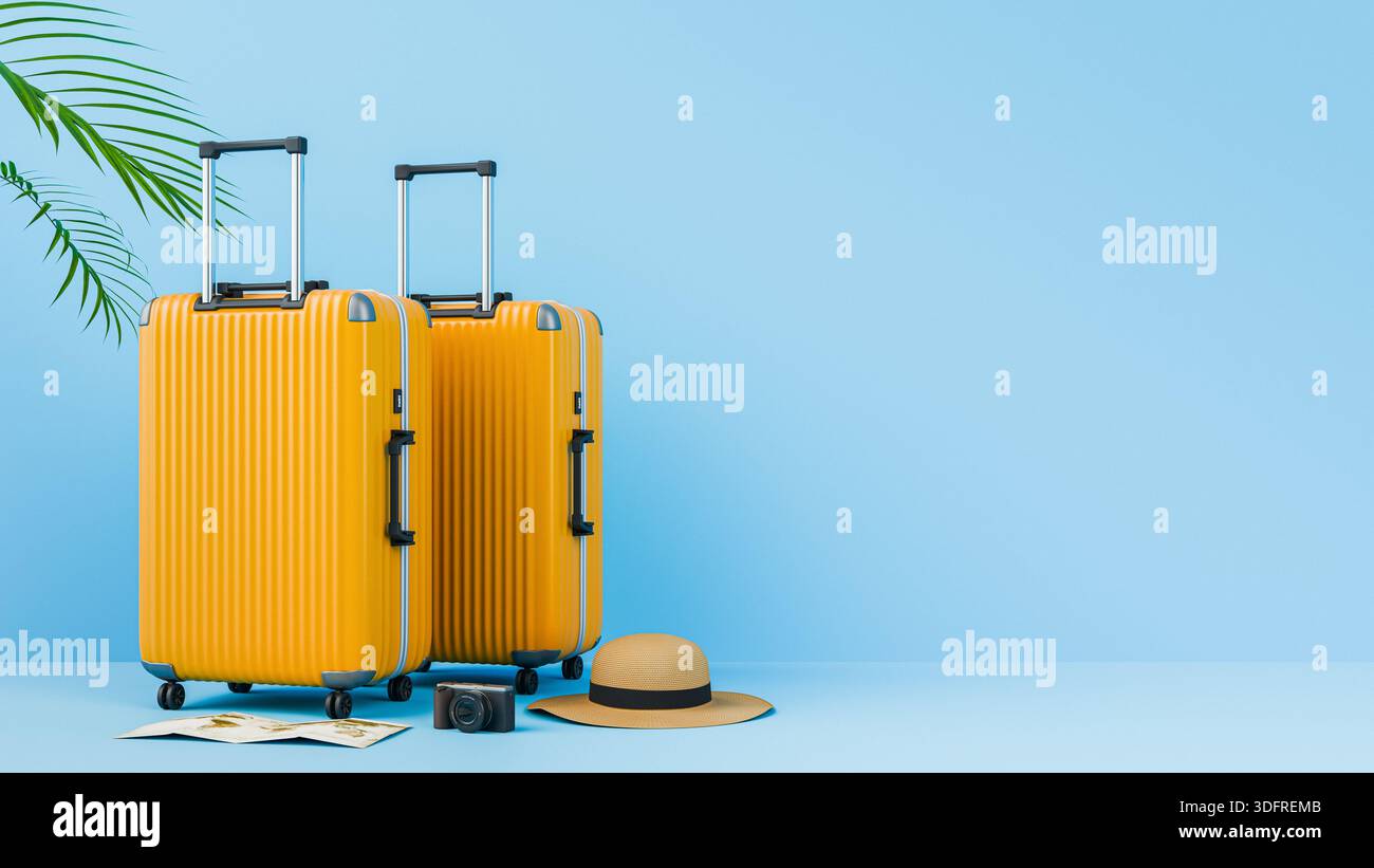 Valigie gialle accessori da viaggio sfondo blu spazio per copie. rendering 3d. Foto Stock
