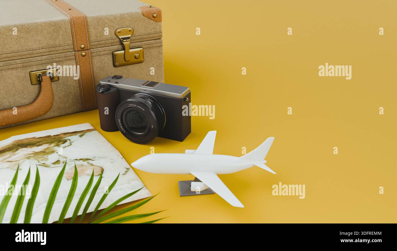 Pianificazione del viaggio macchina fotografica per il bagaglio d'epoca giocattolo spazio per le copie dell'aereo. rendering 3d. Foto Stock