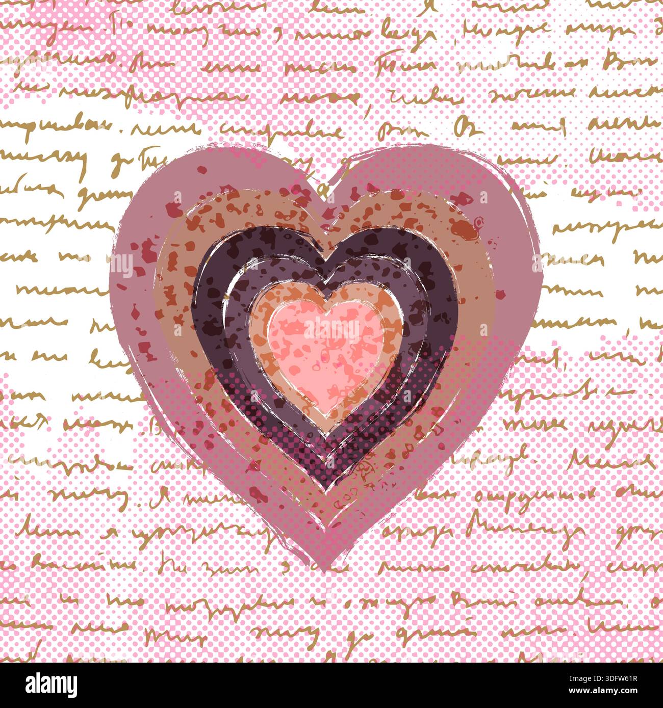 Moderno romantico biglietto d'auguri a forma di cuore boho dipinto a mano in colori marrone e rosa per San Valentino Illustrazione Vettoriale