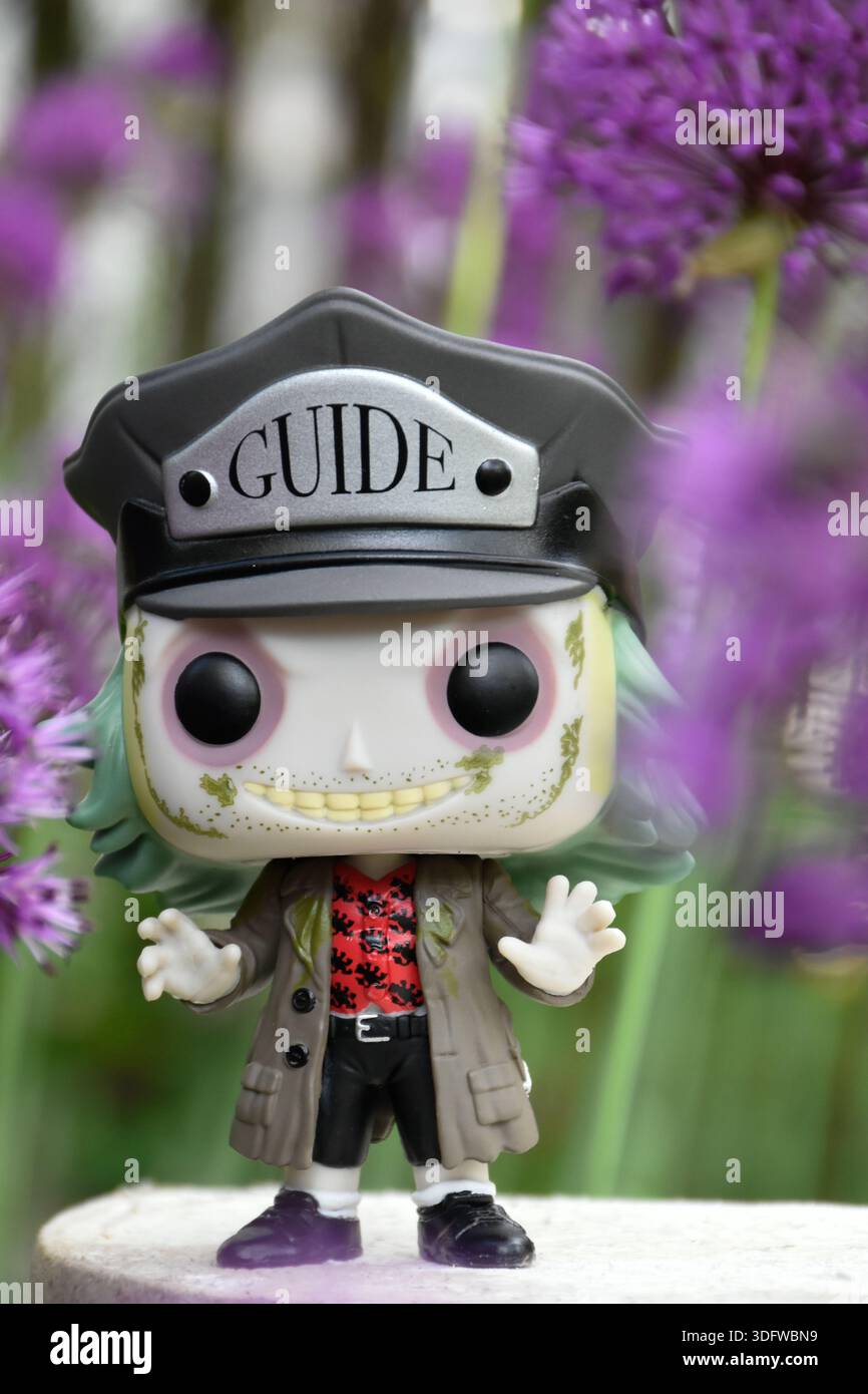 Funko Pop action figure di Beetlejuice dal film horror comico di Tim Burton. Fiori viola nel verde del giardino di primavera. Foto Stock