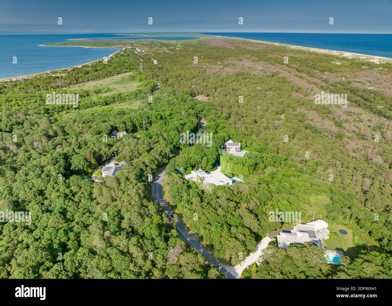 vista aerea della strada dei mirtilli e del tratto di napeague Foto Stock