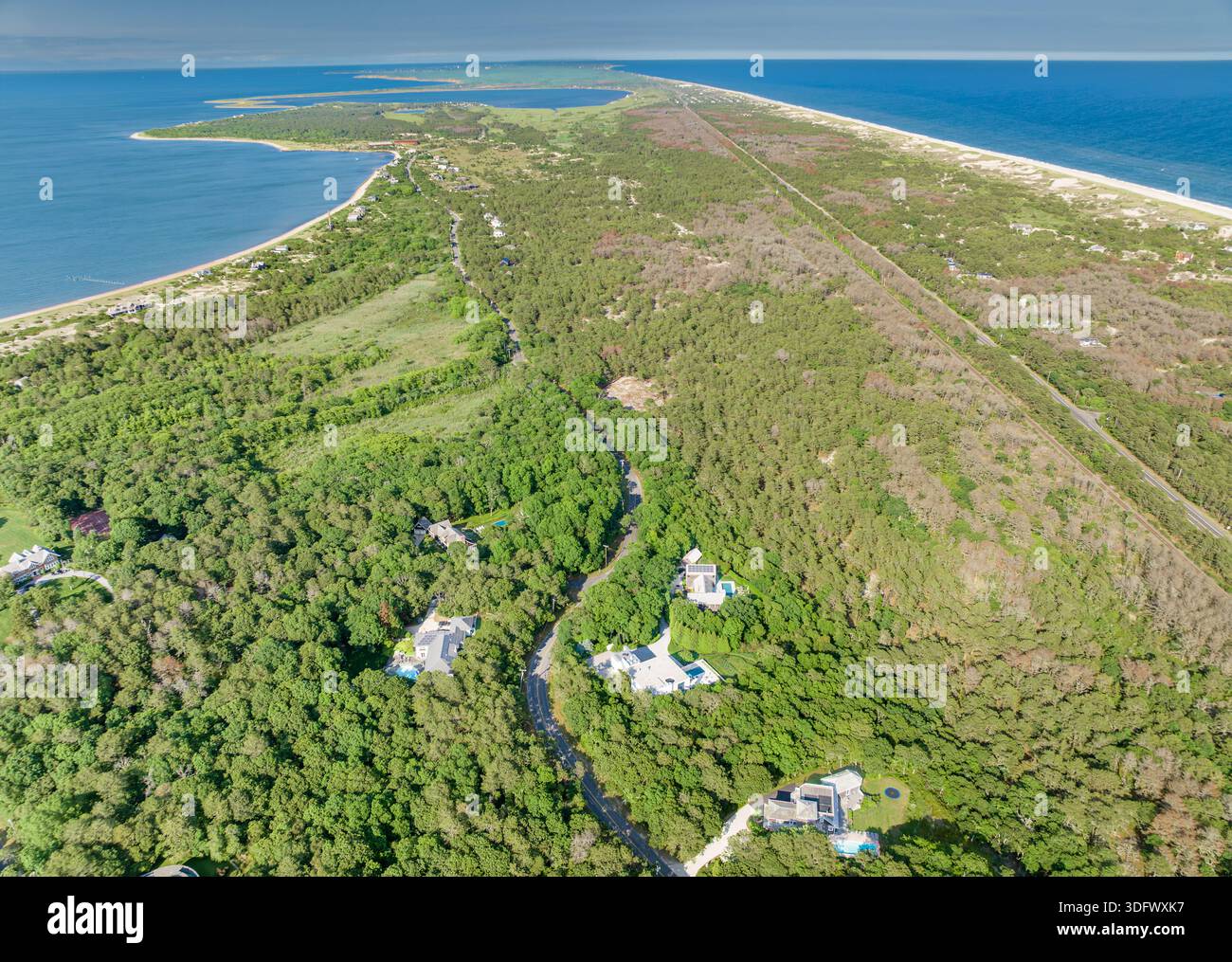 vista aerea della strada dei mirtilli e del tratto di napeague Foto Stock