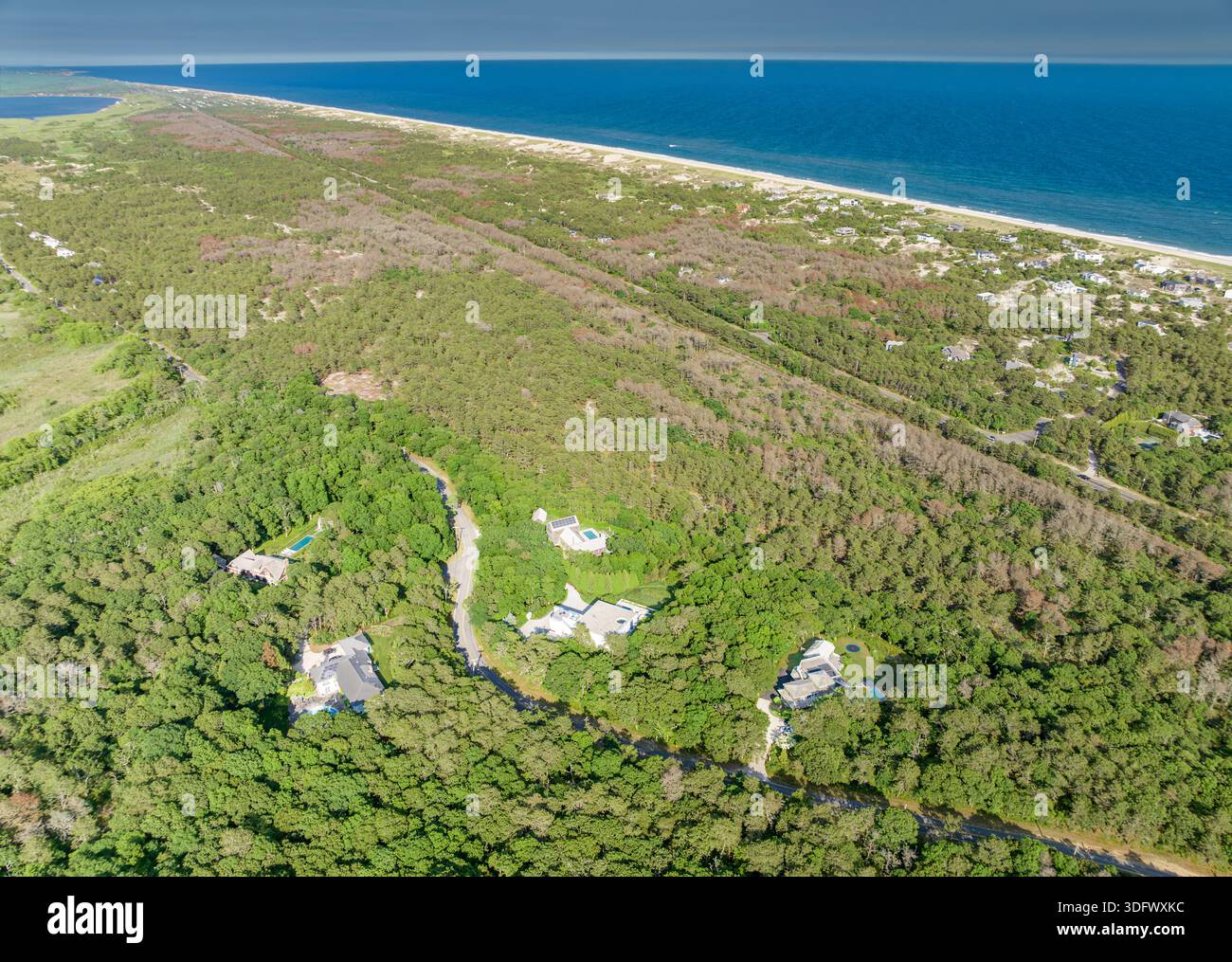 vista aerea della strada dei mirtilli e del tratto di napeague Foto Stock