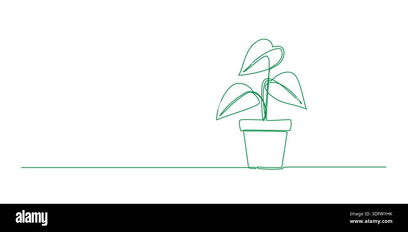 Un disegno a linea continua della linea botanica minimale di piante in vaso Illustrazione Vettoriale