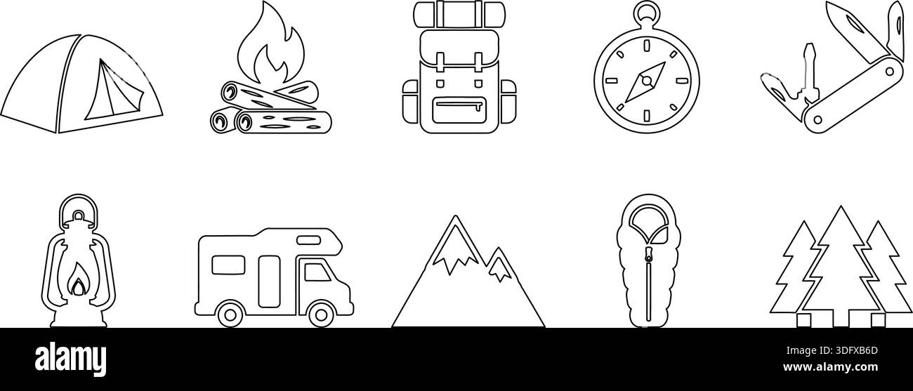 Icone vettoriali per l'attrezzatura da campeggio e da trekking, tra cui tenda, bussola e zaino. Ideale per il web design, le app o le infografiche relative a Outd Illustrazione Vettoriale