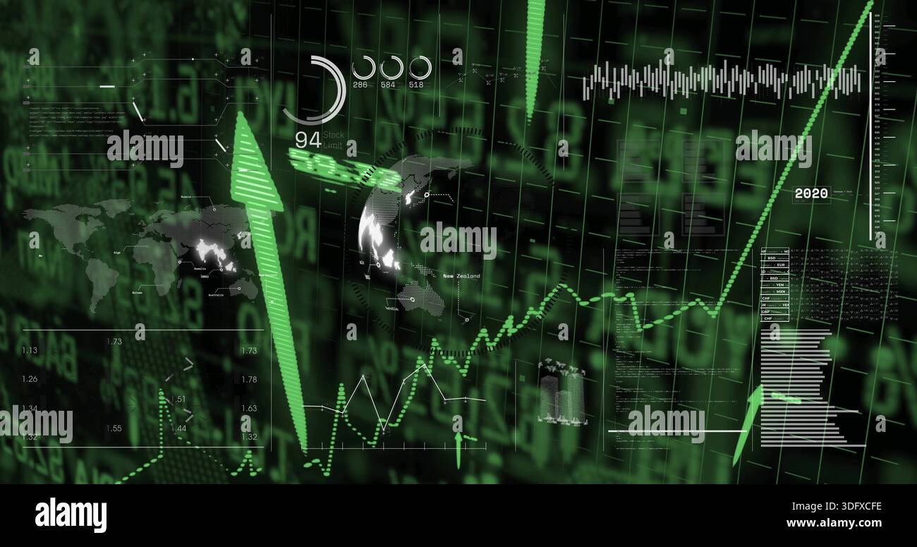 Visualizzazione di dati analitici su globo con freccia verde e linee di tendenza in aumento sull'indicatore digitale del cruscotto 94 Foto Stock