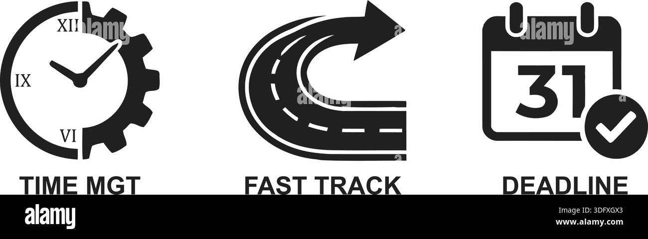 Una serie di icone di business che illustrano concetti di gestione del tempo, controllo rapido e rispetto delle scadenze. Illustrazione Vettoriale