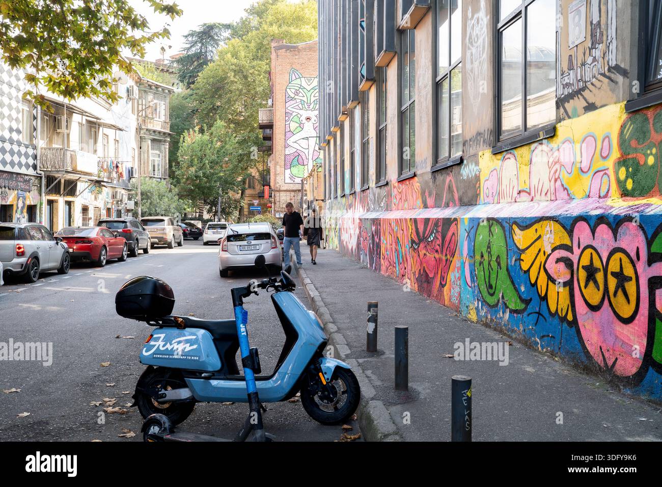 Pitture murali e graffiti colorati nei quartieri locali che mostrano la vivace scena artistica di strada di Tbilisi. Arte muraria urbana e cultura creativa di strada Foto Stock