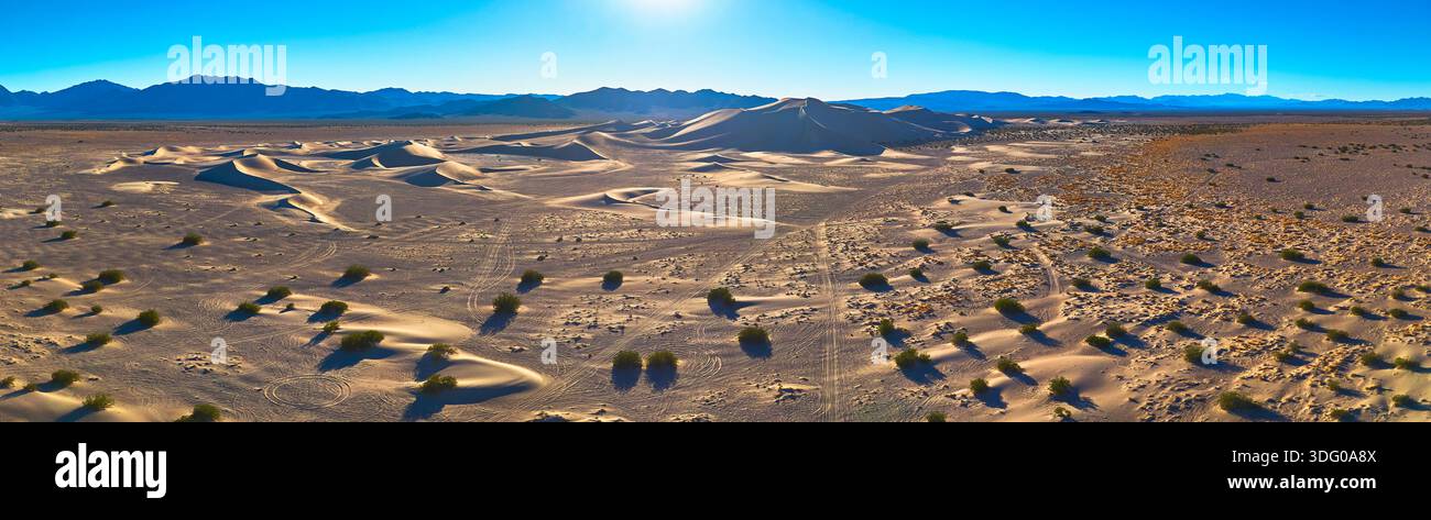 Panorama aereo delle dune di sabbia e dei percorsi nel vasto deserto del Nevada Foto Stock