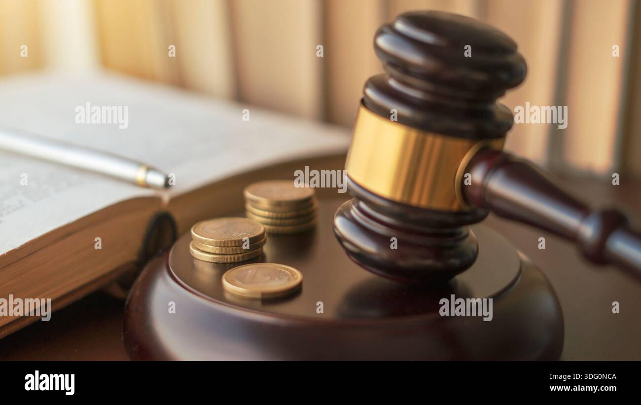 Martelletto con monete in euro e libro aperto su una tavola di legno, simbolo di giustizia e finanza. Foto Stock