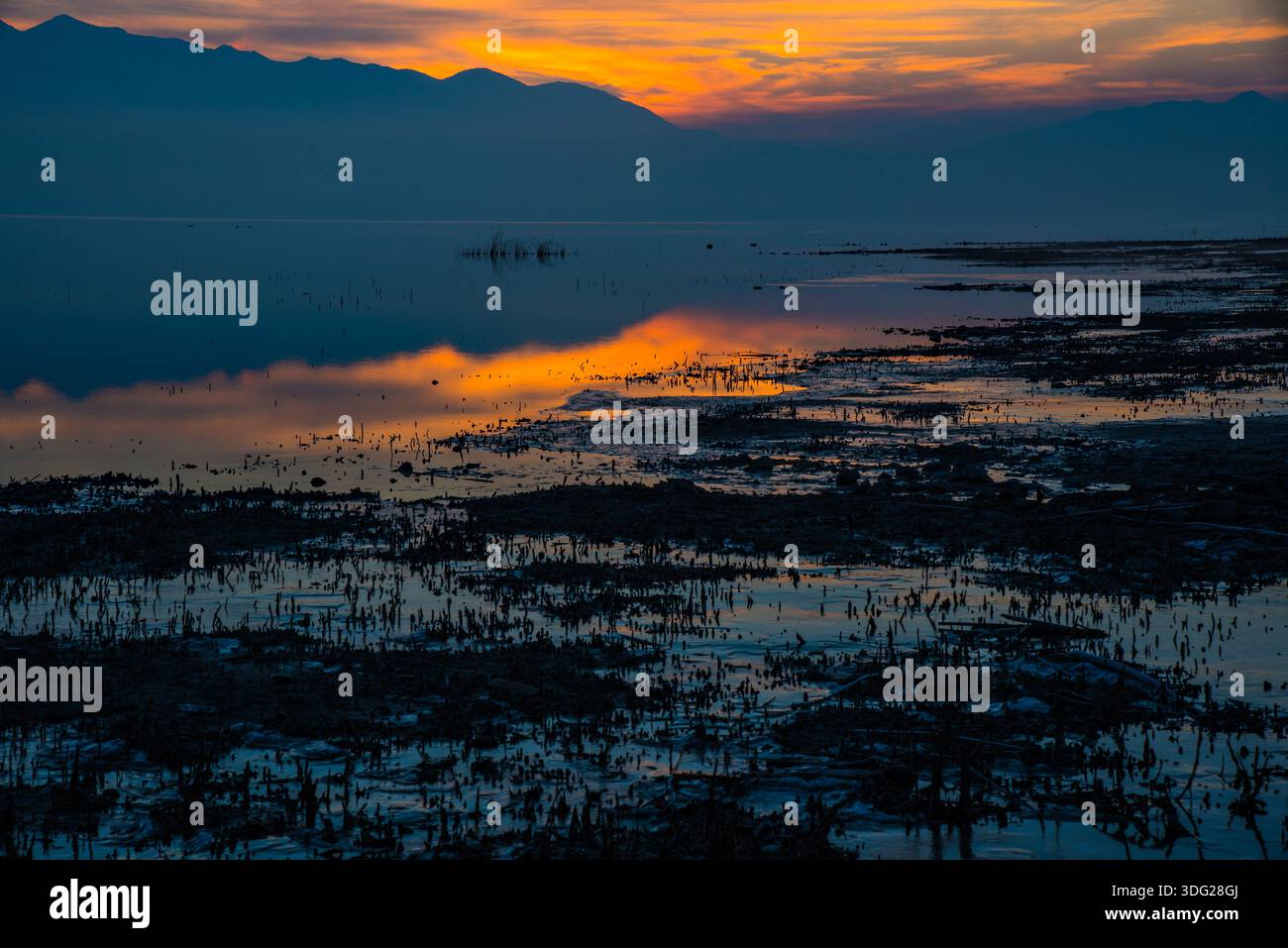 Alba a Utah Lake, Provo, Utah, Stati Uniti. Questo grande lago poco profondo offre l'opportunità di fotografare splendide albe e tramonti. Foto Stock