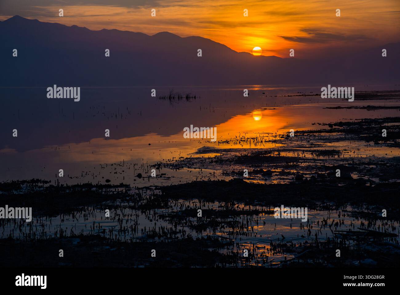 Alba a Utah Lake, Provo, Utah, Stati Uniti. Questo grande lago poco profondo offre l'opportunità di fotografare splendide albe e tramonti. Foto Stock
