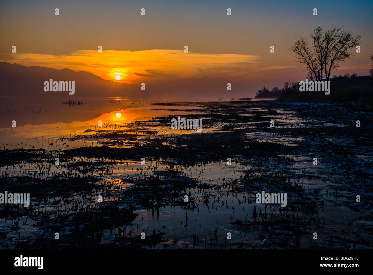 Alba a Utah Lake, Provo, Utah, Stati Uniti. Questo grande lago poco profondo offre l'opportunità di fotografare splendide albe e tramonti. Foto Stock