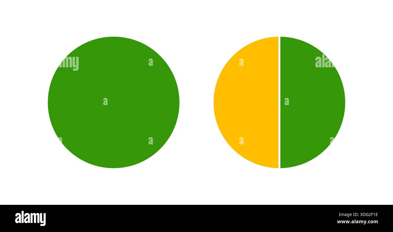 Tabella delle pizze multicolore, torte segmentate da 1 a 2 parti uguali. Infografiche su diagrammi multicolori. Grafico della sezione circolare. Ruote divise in Illustrazione Vettoriale