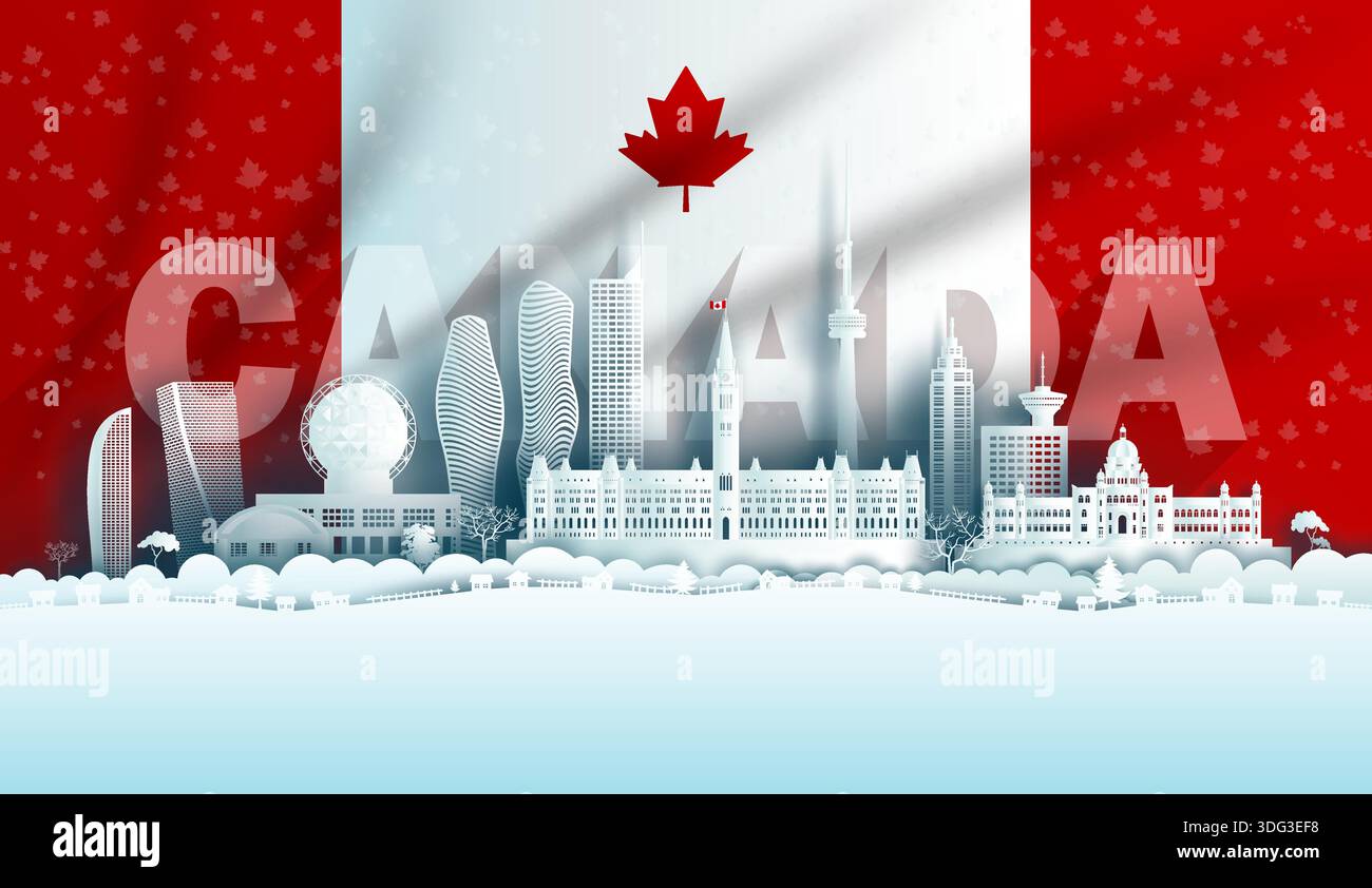 Illustrazione anniversario celebrazione Canada giorno in foglia d'acero sfondo bandiera con monumenti di viaggio architettura del Canada a Toronto e Ontario, in Illustrazione Vettoriale