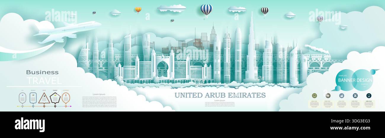 Opuscolo pubblicitario di viaggio negli Emirati Arabi Uniti, grattacielo moderno più famoso del mondo e famosa architettura cittadina. Design moderno per banner aziendali per Illustrazione Vettoriale