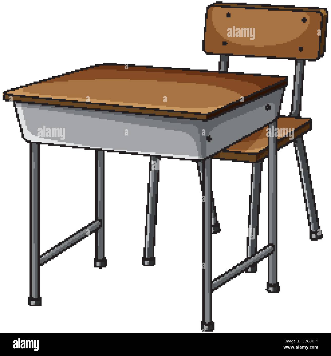 Illustrazione vettoriale della classica scrivania e sedia scolastica in legno con gambe in metallo, sfondo isolato Illustrazione Vettoriale